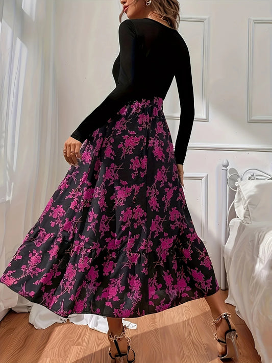 Robe bohème imprimée – coupe ample élégante, col V et manches longues fluides