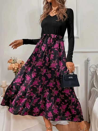 Robe bohème imprimée – coupe ample élégante, col V et manches longues fluides