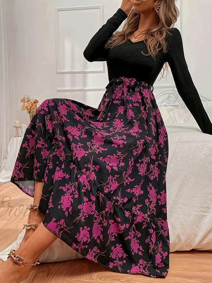 Robe bohème imprimée – coupe ample élégante, col V et manches longues fluides