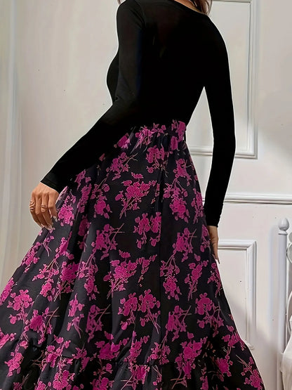 Robe bohème imprimée – coupe ample élégante, col V et manches longues fluides