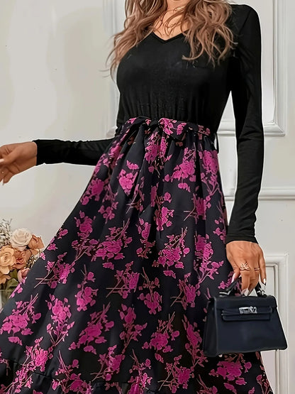 Robe bohème imprimée – coupe ample élégante, col V et manches longues fluides
